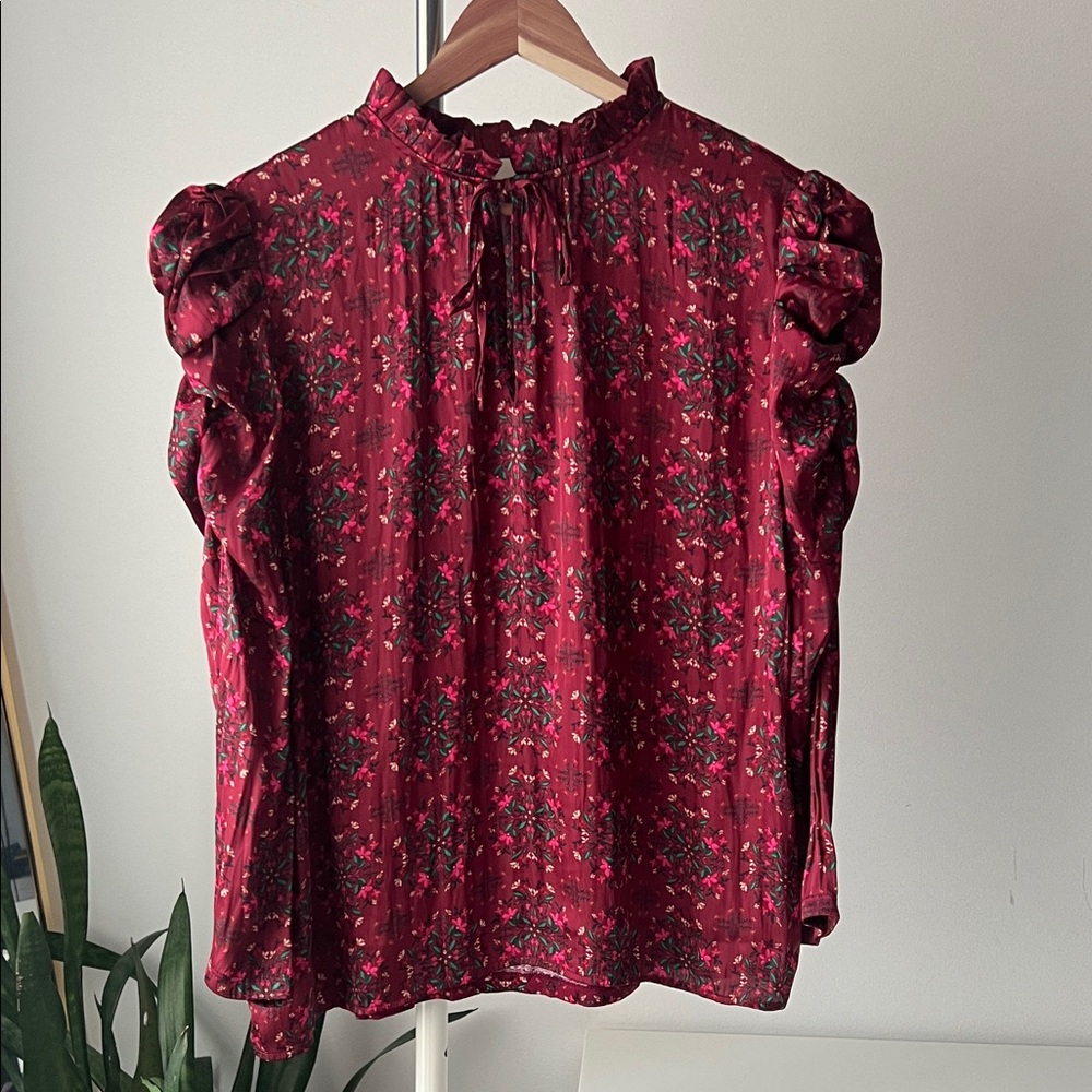 LOFT Burgundy Floral Blouse with Ruffle puff Sleeves Victorian L